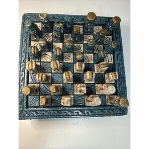Mayan Aztec Chess Set Blue & White Stone Mini Decorative